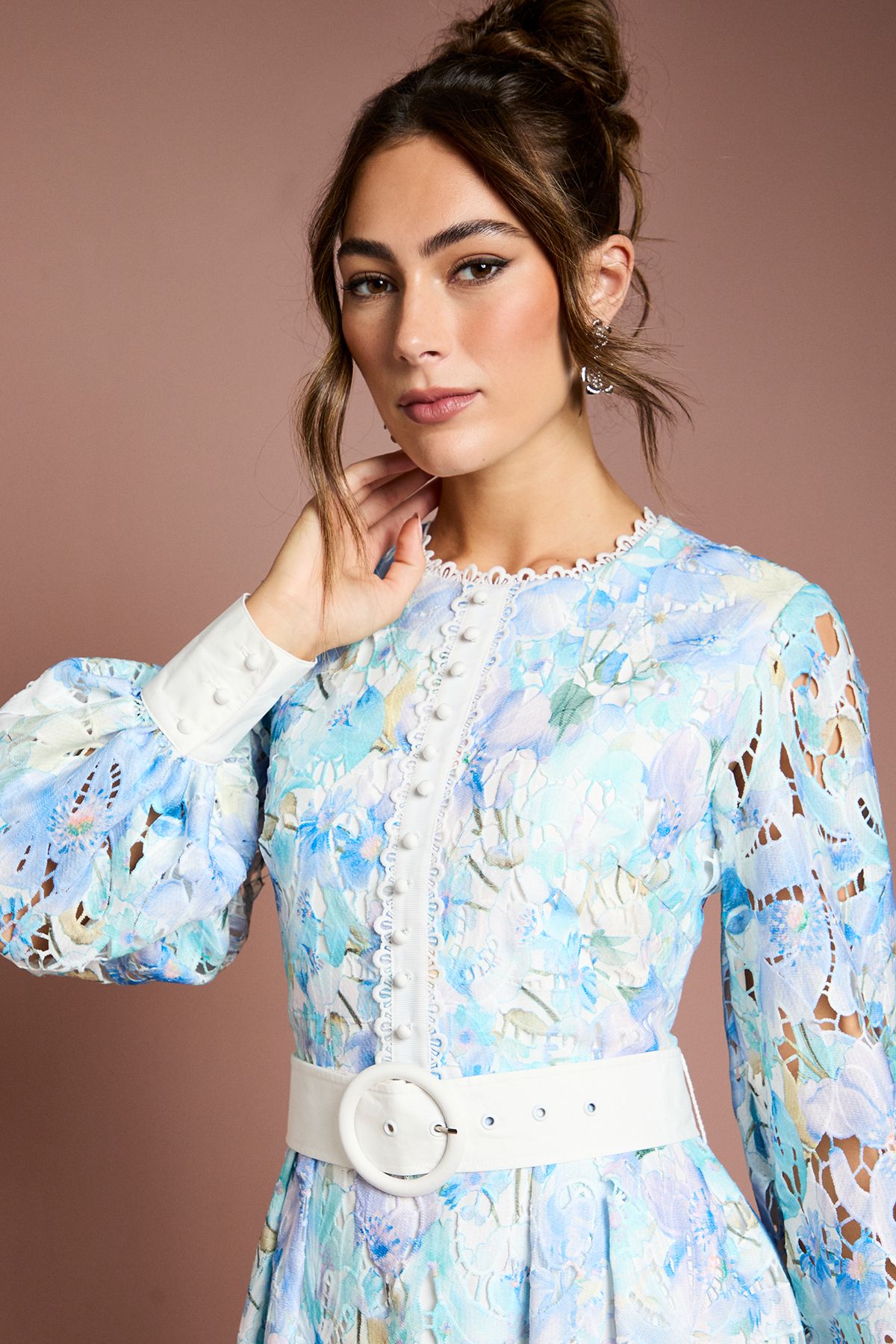 Printed Lace Blouson Sleeve Belted Midi Dress - Image 4