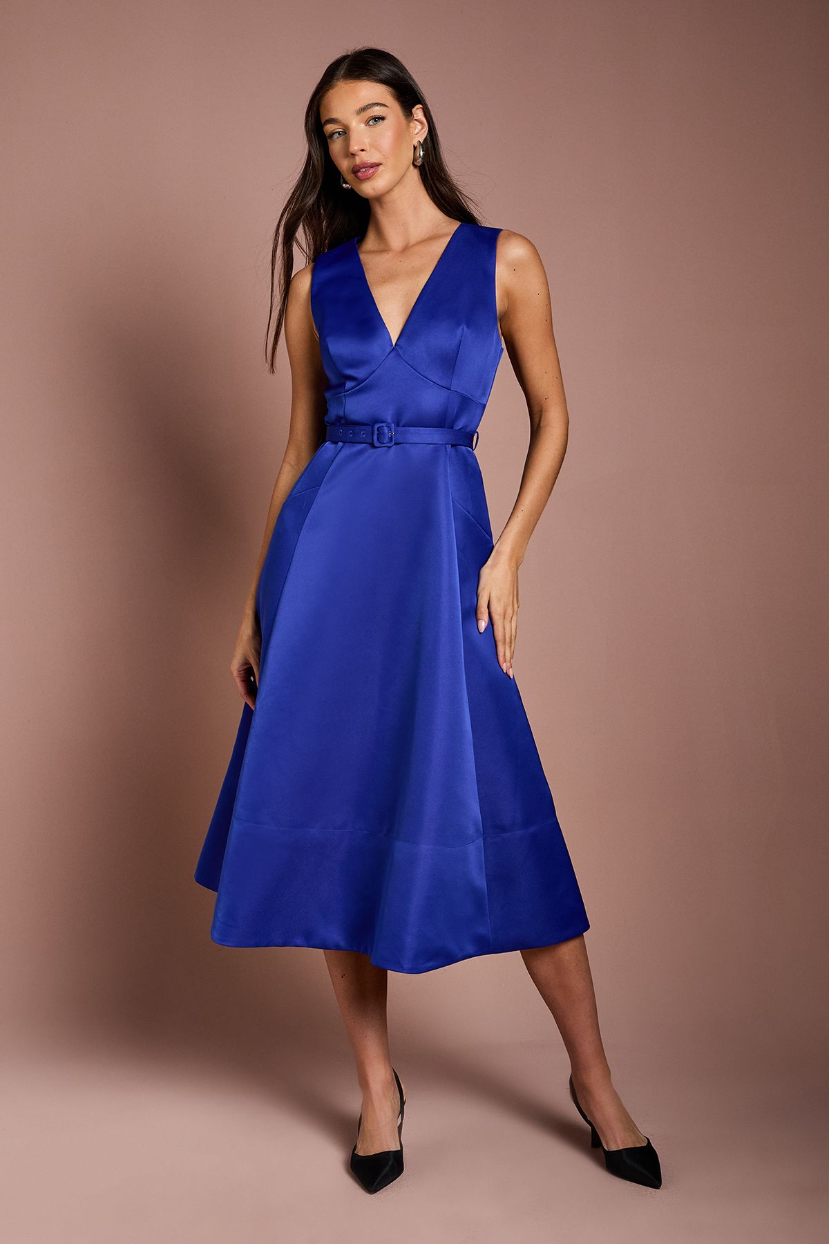 V Neck Structured Satin Belted Midi Dress