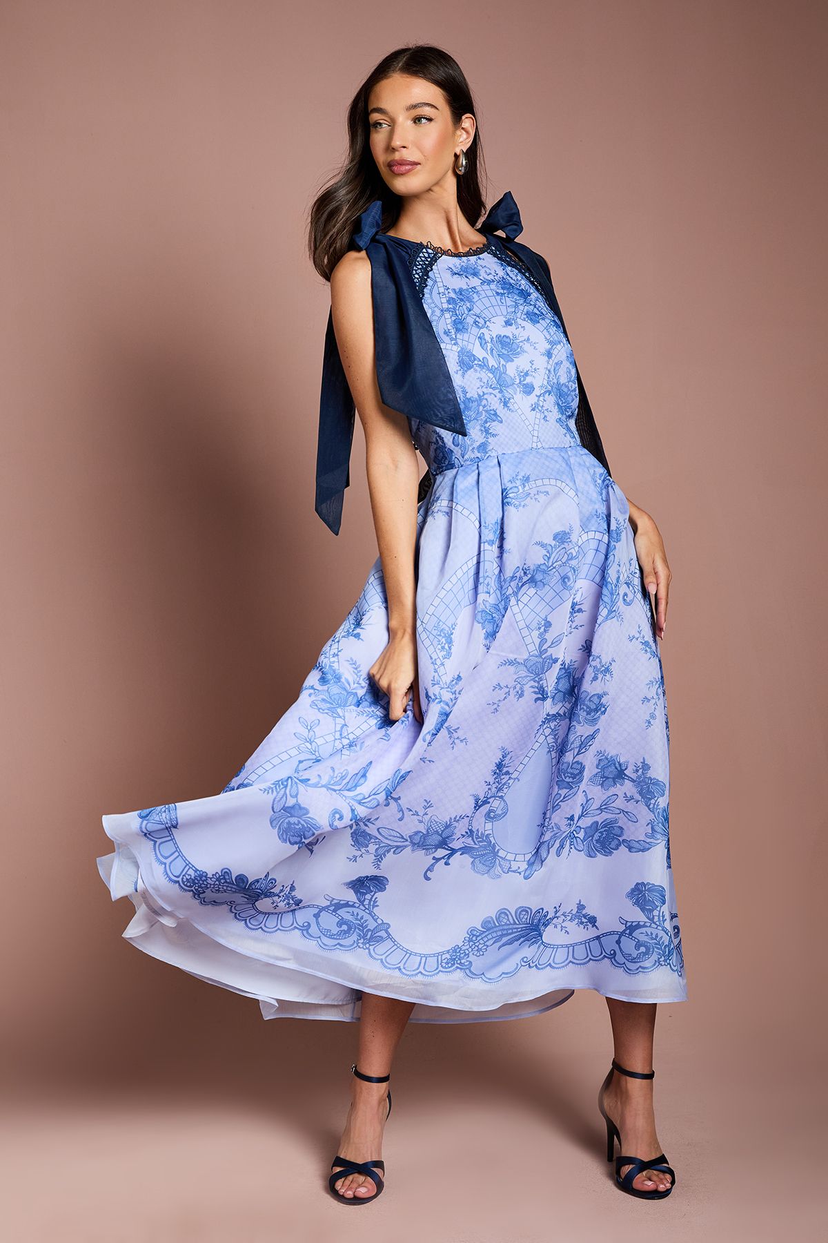 Halter Neck Bow Shoulder Placement Print Organza Midi Dress