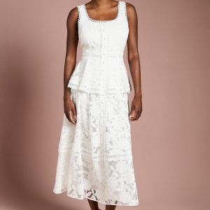 Peplum Hem Button Down Lace Midi Dress