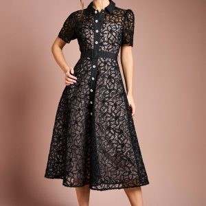 Floral Lace Collared Midi Dress