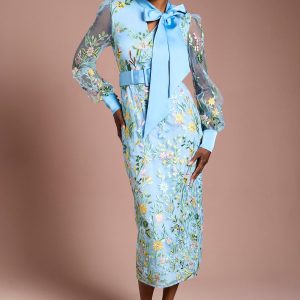 Embroidered Mesh Pussybow Midi Dress