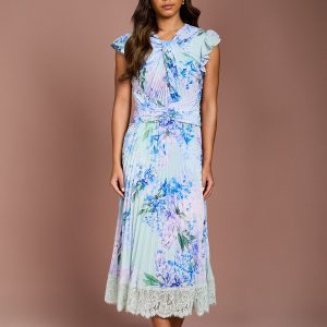 Floral Printed Georgette Dress With Lace Trims