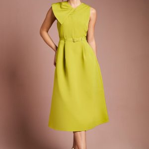 Bow Detail Belted Crepe Midi Dress