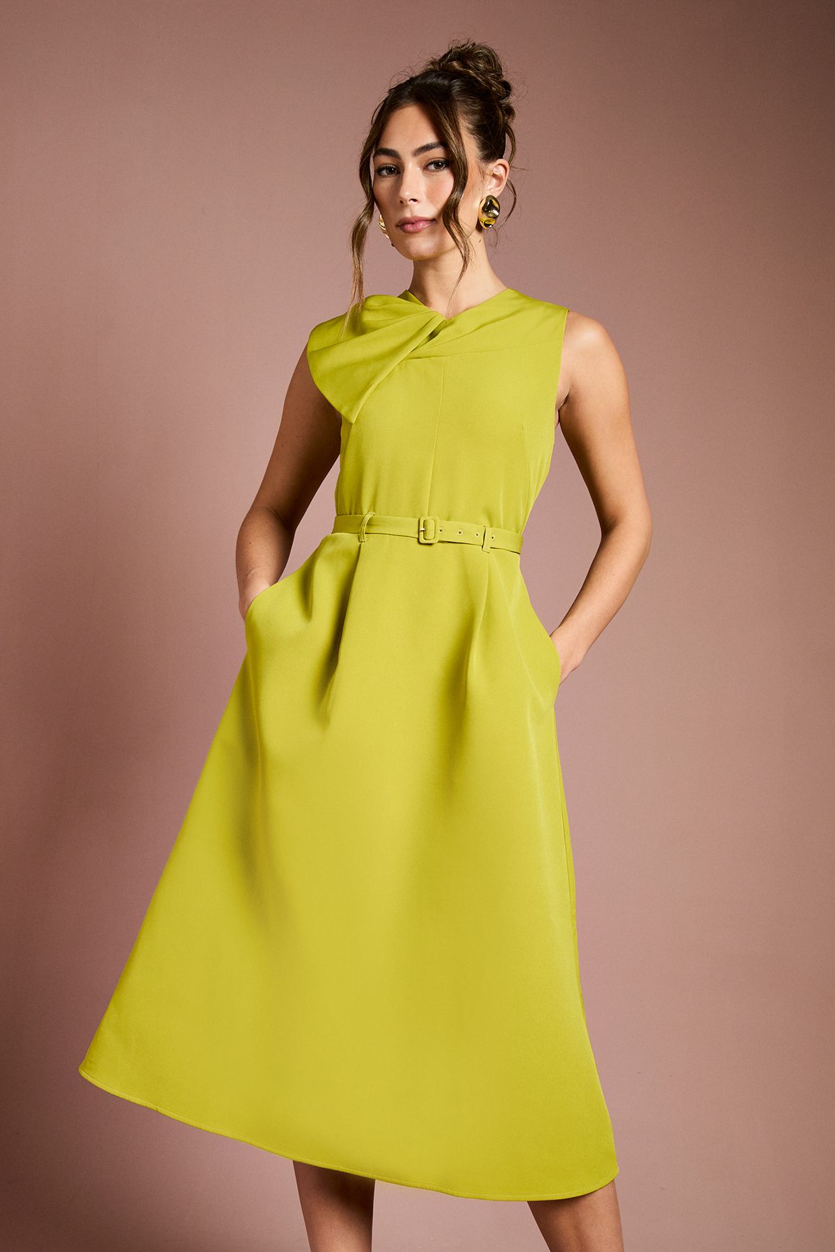 Bow Detail Belted Crepe Midi Dress - Image 2
