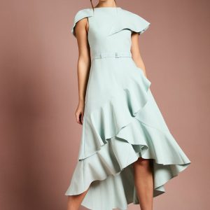 Waterfall Crepe Belted Midi Dress