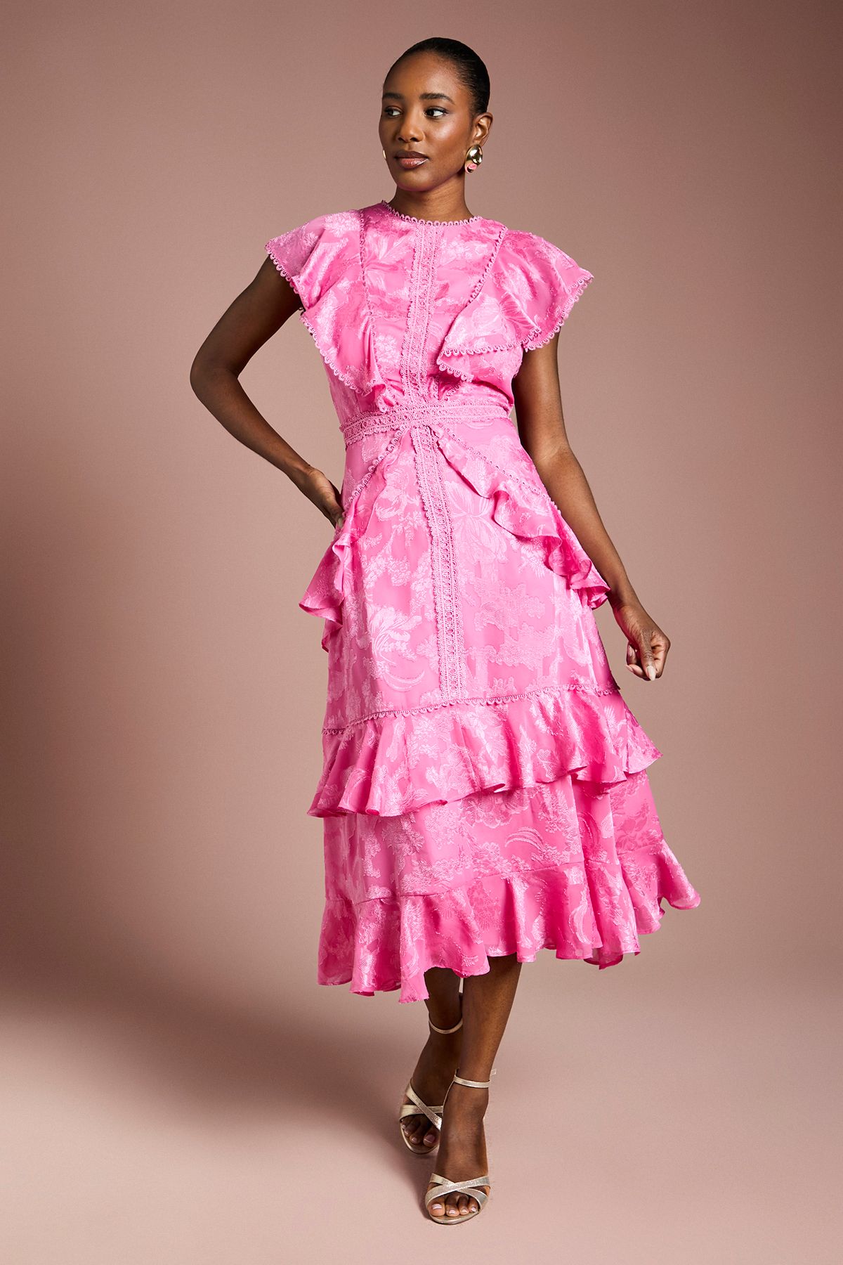 Satin Jacquard Ruffle Detail Midi Dress
