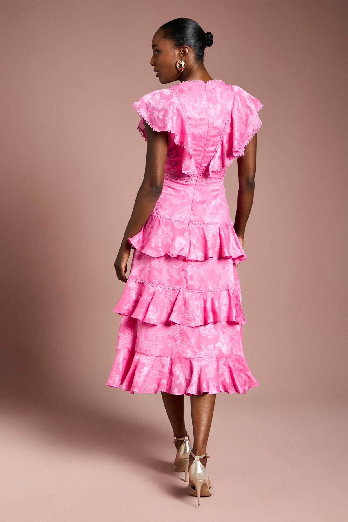 Satin Jacquard Ruffle Detail Midi Dress - Image 3