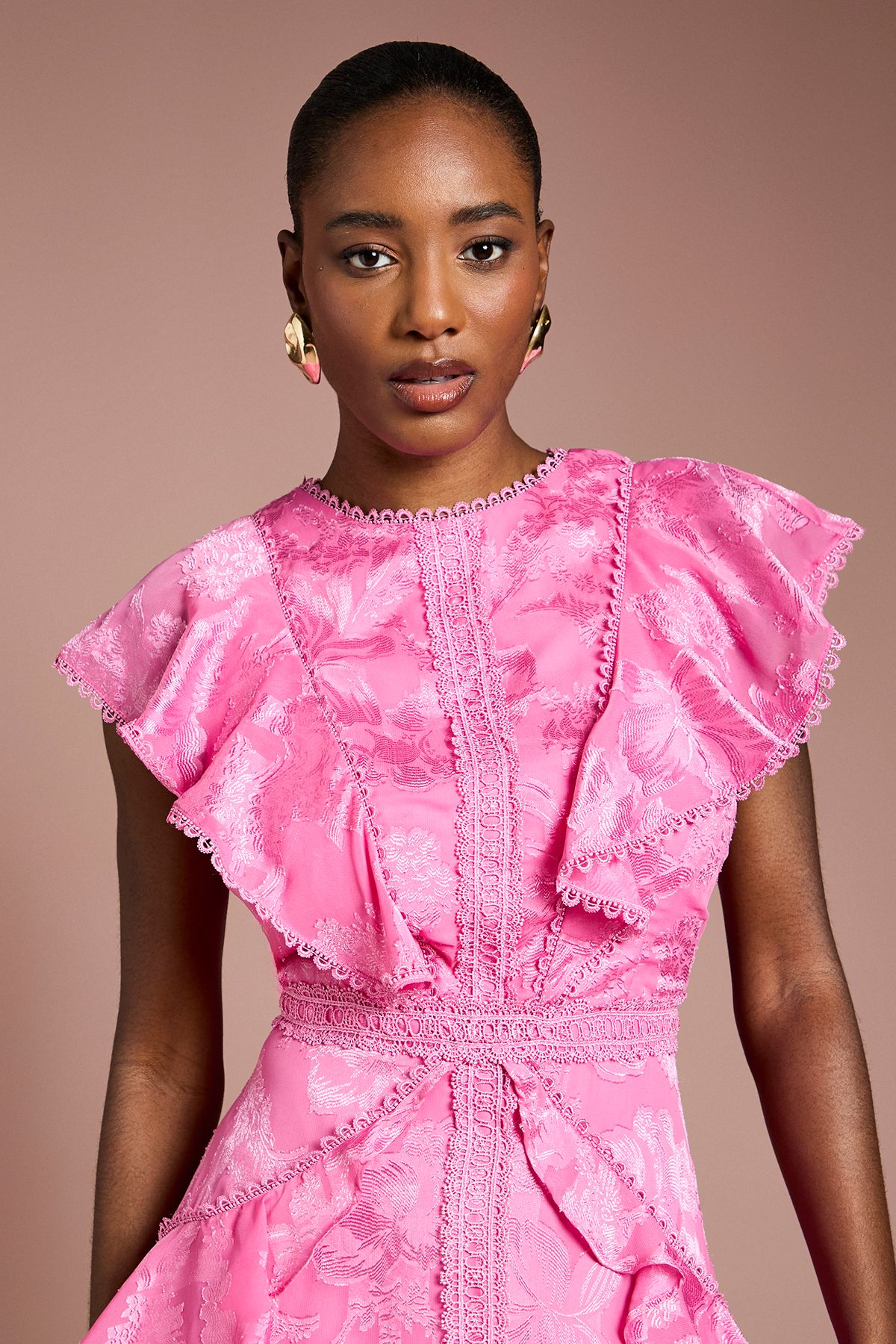 Satin Jacquard Ruffle Detail Midi Dress - Image 4