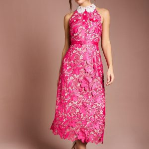 Halter Neck Satin Lace Contrast Collar Midi  Dress