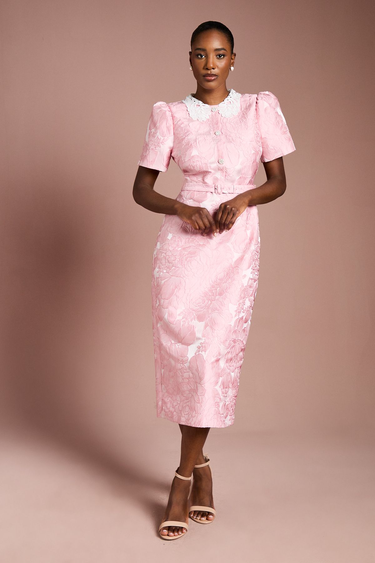 Puff Sleeve Collared Jacquard Midi Dress