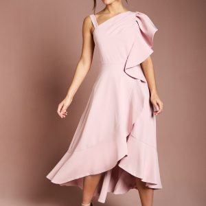One Shoulder Crepe Ruffle Midi Dress