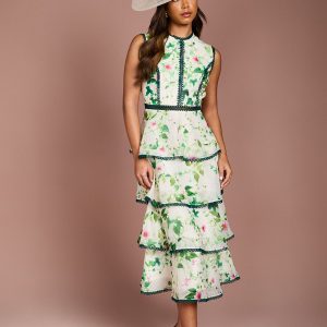 Lace Trim Tiered Printed Organza Midi Dress