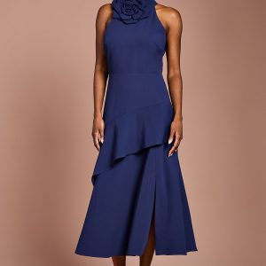 High Neck Corsage Detail Midi Dress