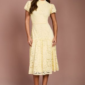 Lace Frill Sleeve High Neck Midi Dress