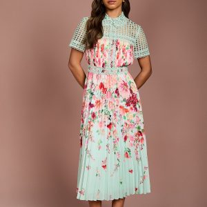 Lisa Tan Lace Pleated Printed Midi Dress