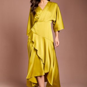 Satin Back Crepe Ruffle Wrap Midi Dress