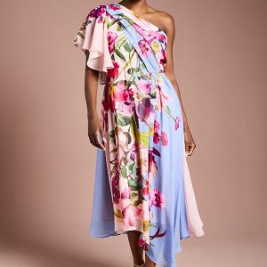 One Shoulder Floral Printed Chiffon Dress