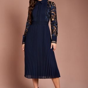 Long Sleeve Lace and Pleated Midi Shirt Dress