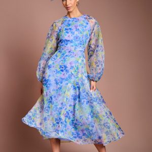 Organza Wrap Waist Puff Sleeve Midi Dress