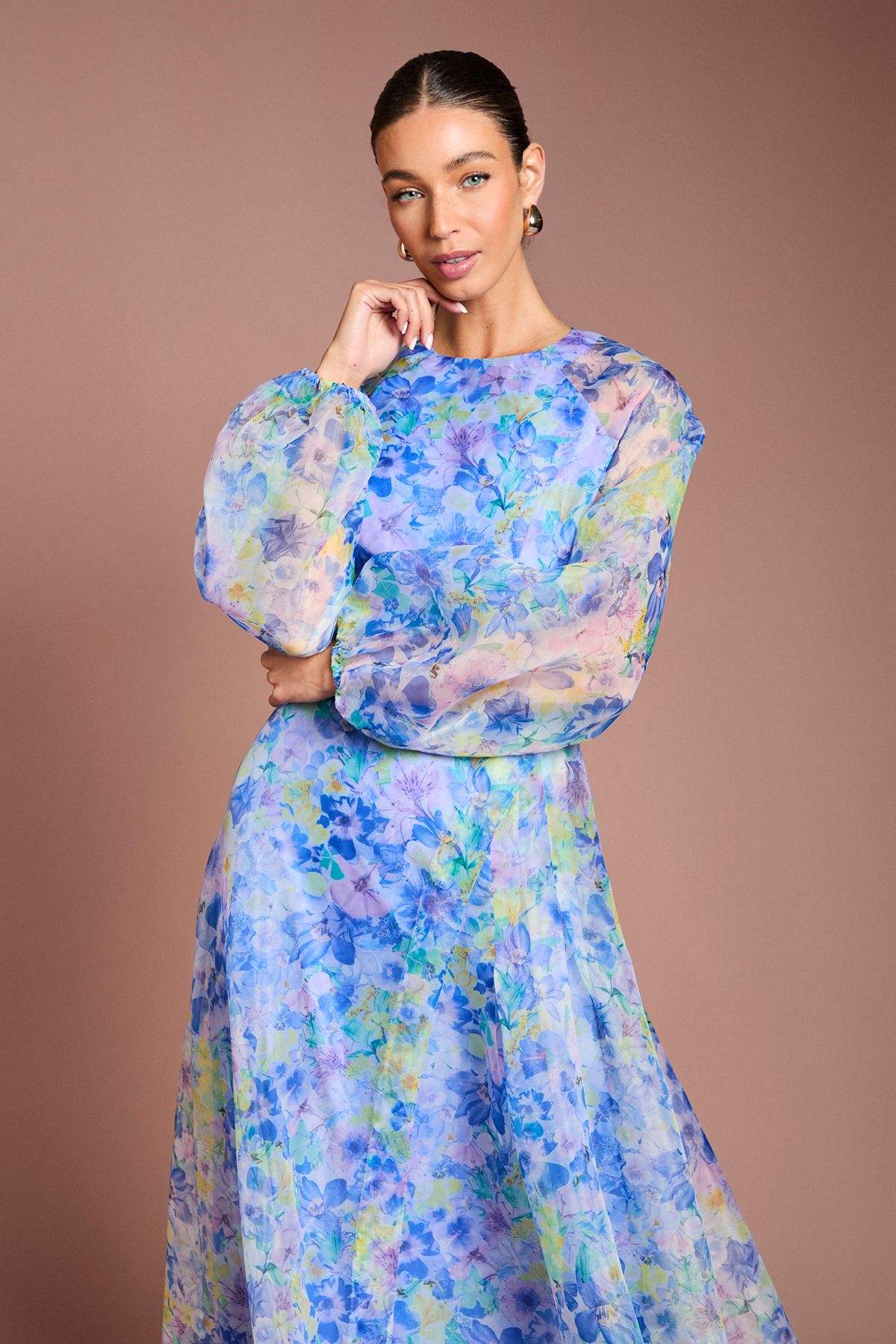 Organza Wrap Waist Puff Sleeve Midi Dress - Image 2