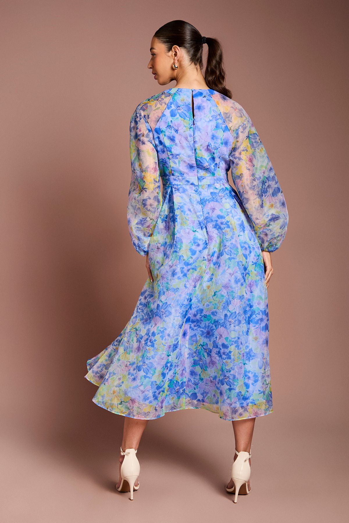Organza Wrap Waist Puff Sleeve Midi Dress - Image 3