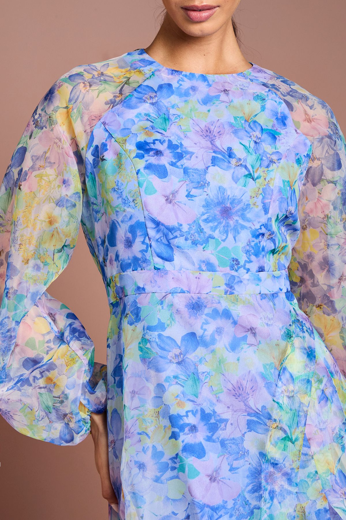 Organza Wrap Waist Puff Sleeve Midi Dress - Image 5