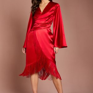 Satin Fringe Hem Wrap Waist Midi Dress