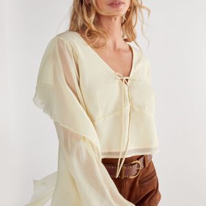 Chiffon Ruffle Sleeve Tie Front Top