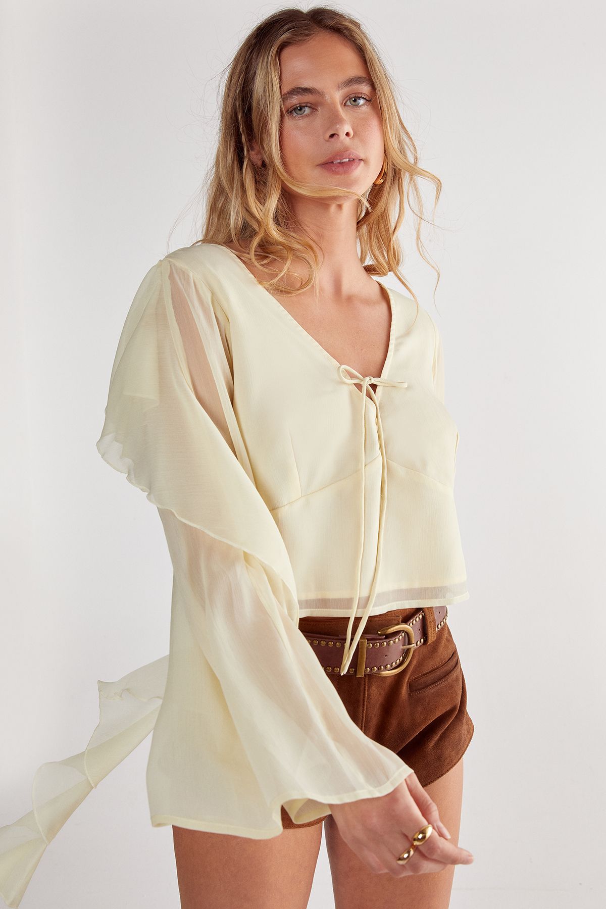 Chiffon Ruffle Sleeve Tie Front Top