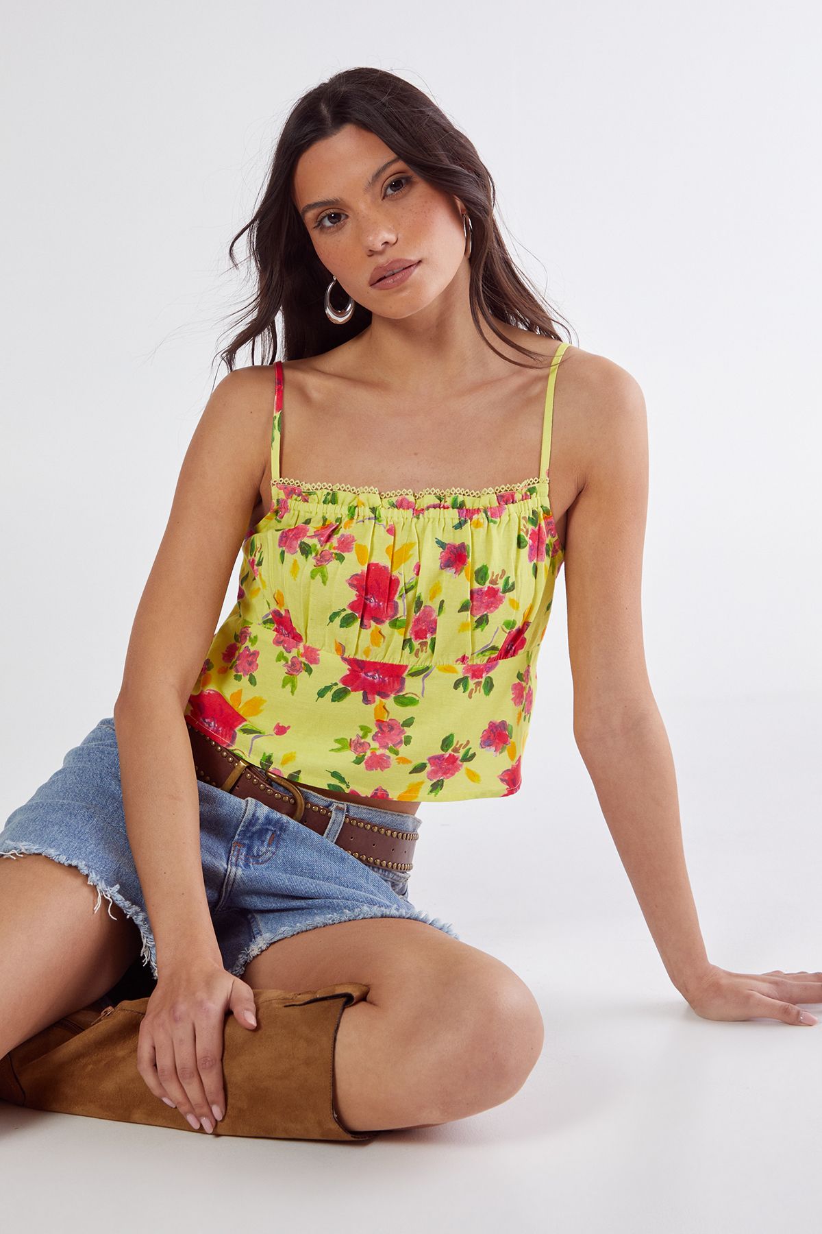 Floral Linen Mix Lace Trim Soft Corset Top