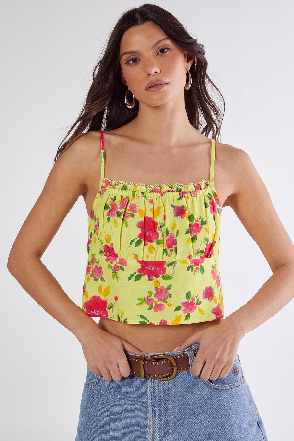 Floral Linen Mix Lace Trim Soft Corset Top - Image 3