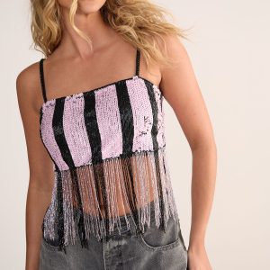 Stripe Sequin Tassel Crop Top