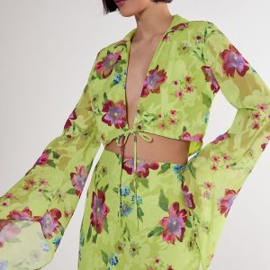 Floral Burnout Tie Front Fluted Sleeve Crop Top