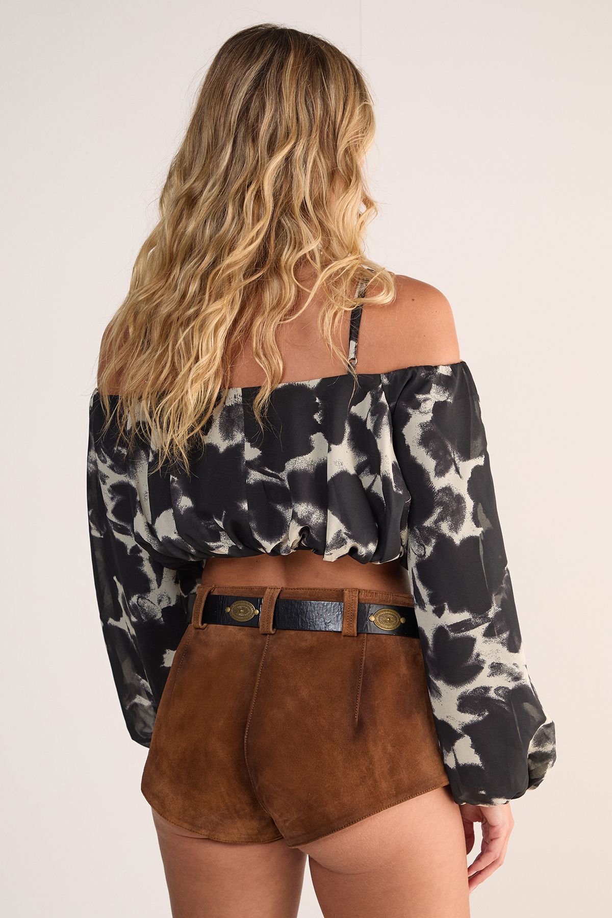 Graphic Floral Bardot Balloon Sleeve Crop Top - Image 4