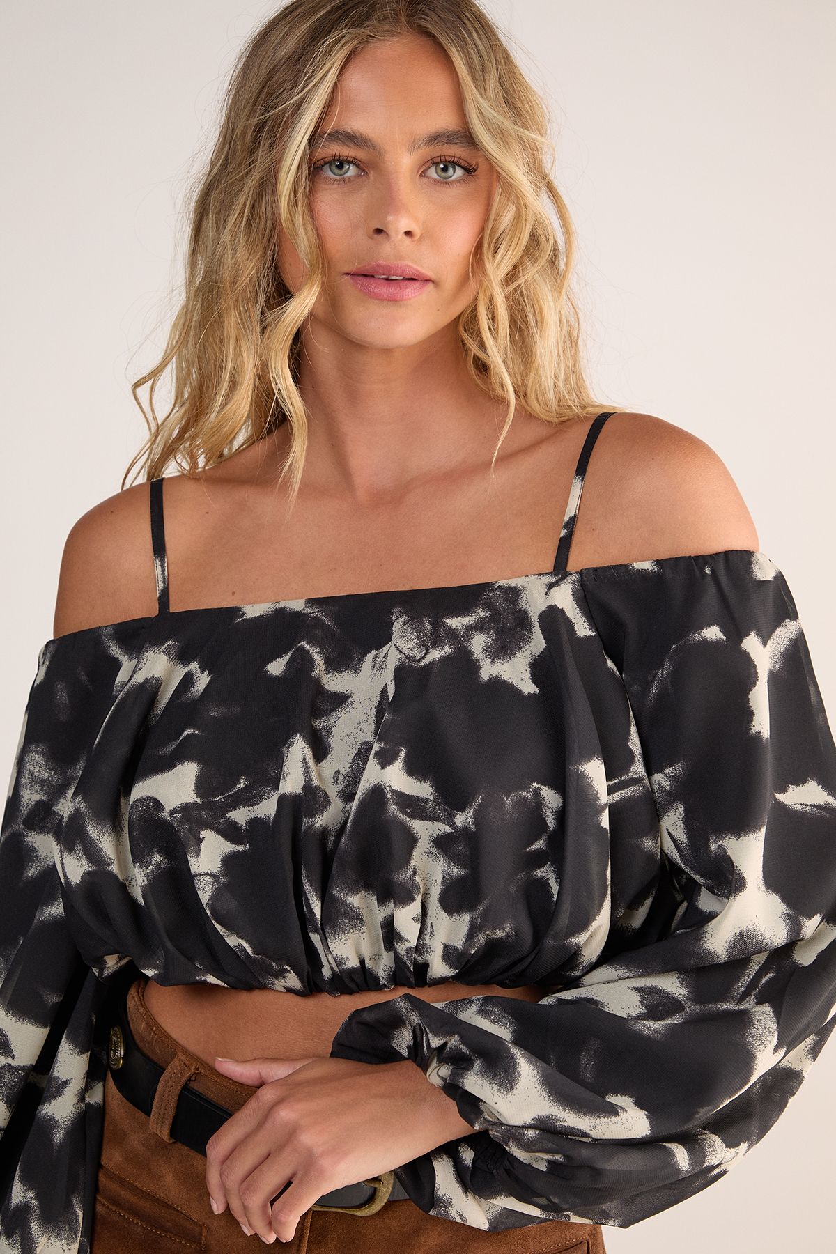 Graphic Floral Bardot Balloon Sleeve Crop Top - Image 5