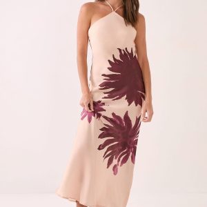 Satin Floral Placement Halterneck Maxi Dress