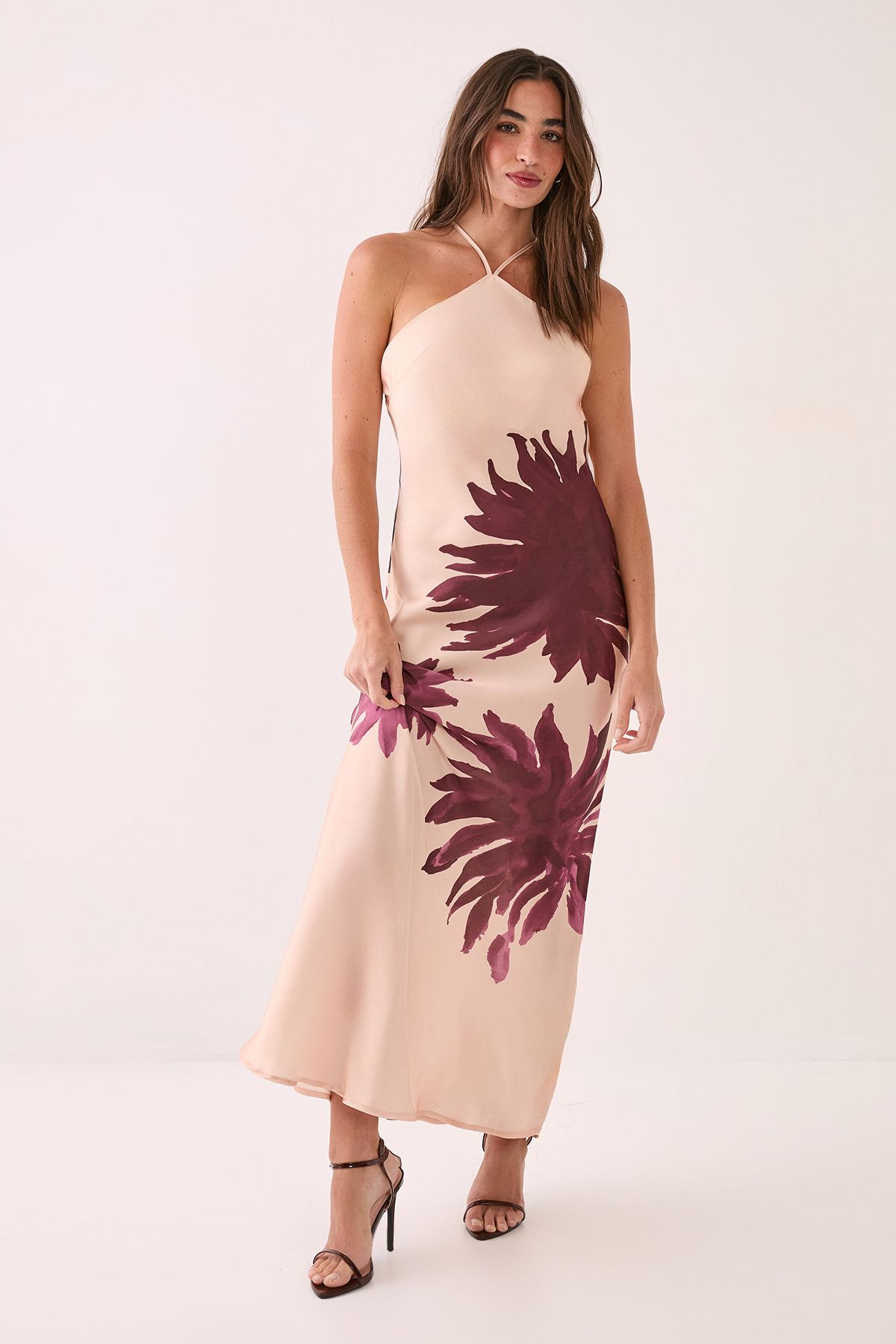 Satin Floral Placement Halterneck Maxi Dress
