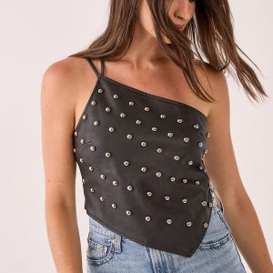 Studded One Shoulder Faux Leather Top