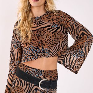Mixed Animal Devore Button Through Flared Sleeve Top