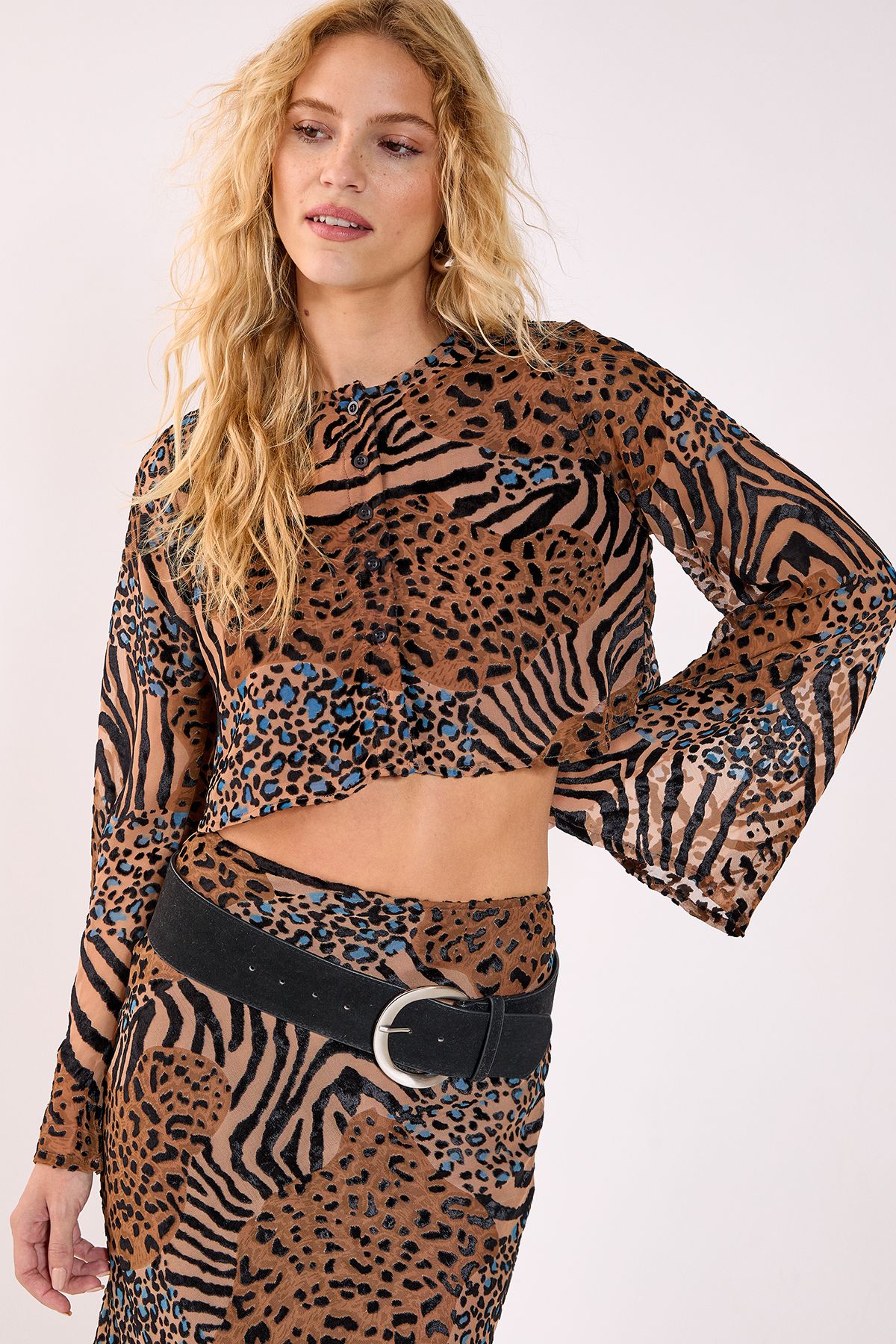 Mixed Animal Devore Button Through Flared Sleeve Top