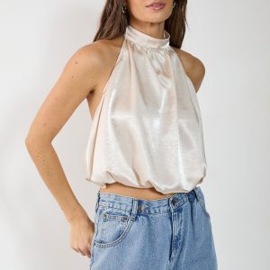 Satin High Neck Puffball Top