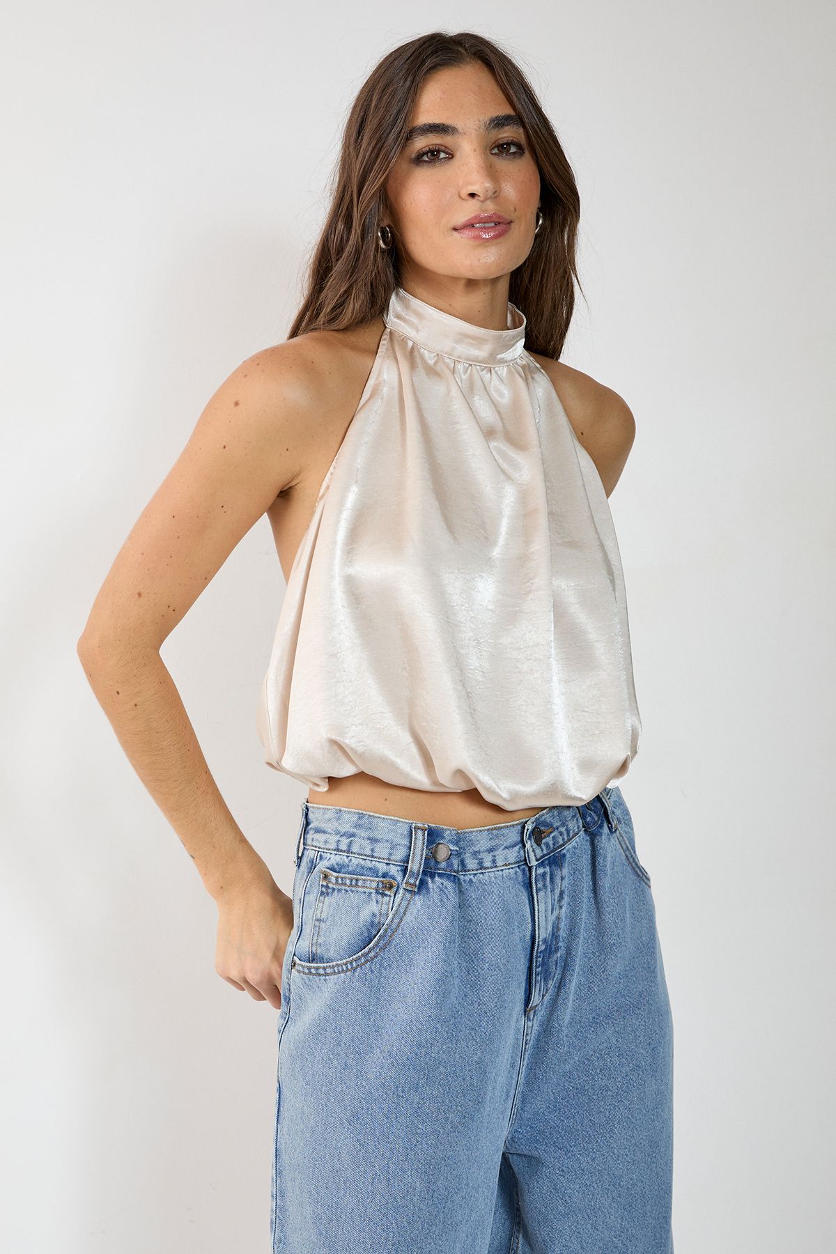 Satin High Neck Puffball Top