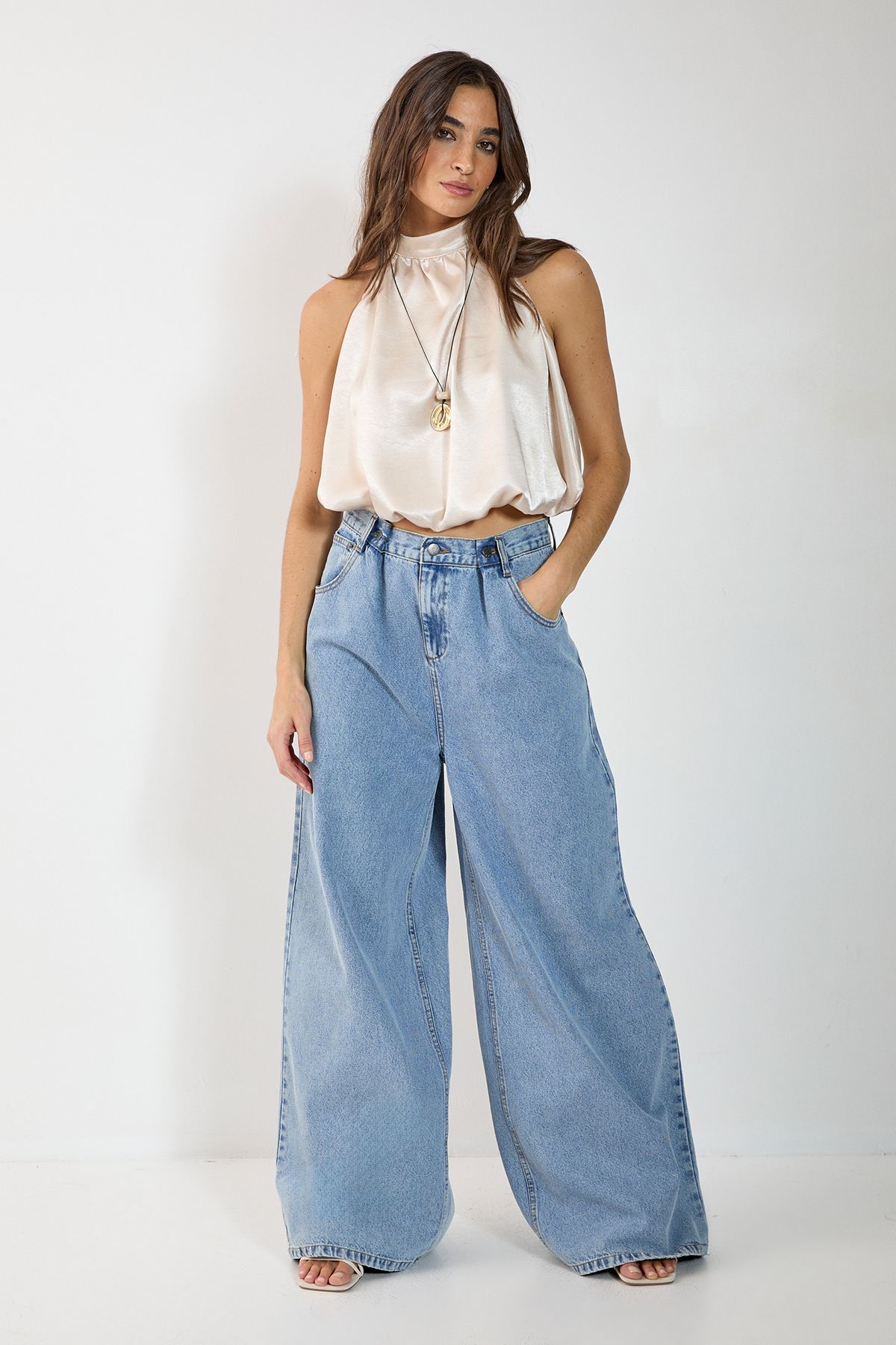 Satin High Neck Puffball Top - Image 2