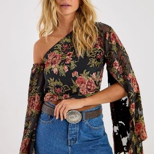 Floral Devore Off The Shoulder Fluted Sleeve Top