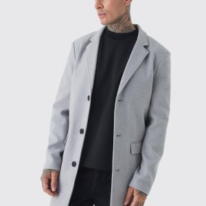 Tall Single Breasted Wool Look Overcoat in Grey
