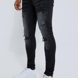 Skinny Stretch Rip And Repair Biker Washed Jeans