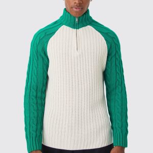 Cable Funnel Neck Raglan Colour Block Jumper