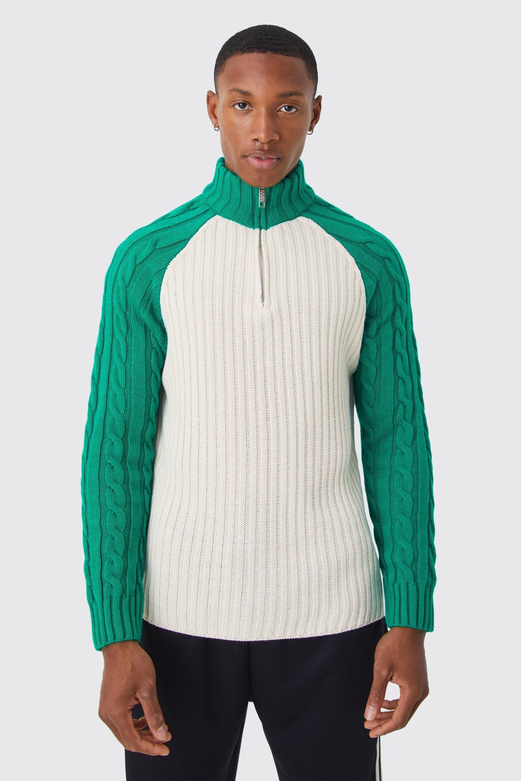 Cable Funnel Neck Raglan Colour Block Jumper