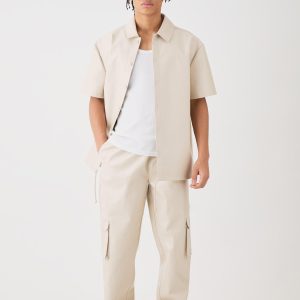 Short Sleeve Drop Shoulder Pu Overshirt & Cargo Trouser Set